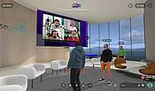 Drei Avatare stehen in einem virtuellen Raum vor einem großen Bildschirm mit sechs Video-Teilnehmenden in einem Online-Meeting.
