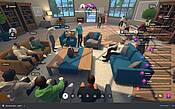 Virtuelle Avatare sitzen und stehen in einem digitalen Raum mit Sesseln, Sofas und Chatnachrichten, erkennbar als Meeting-Situation.